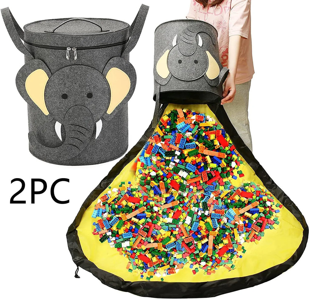 Green felt cube storage bag transformed into flat play mat with pull rope