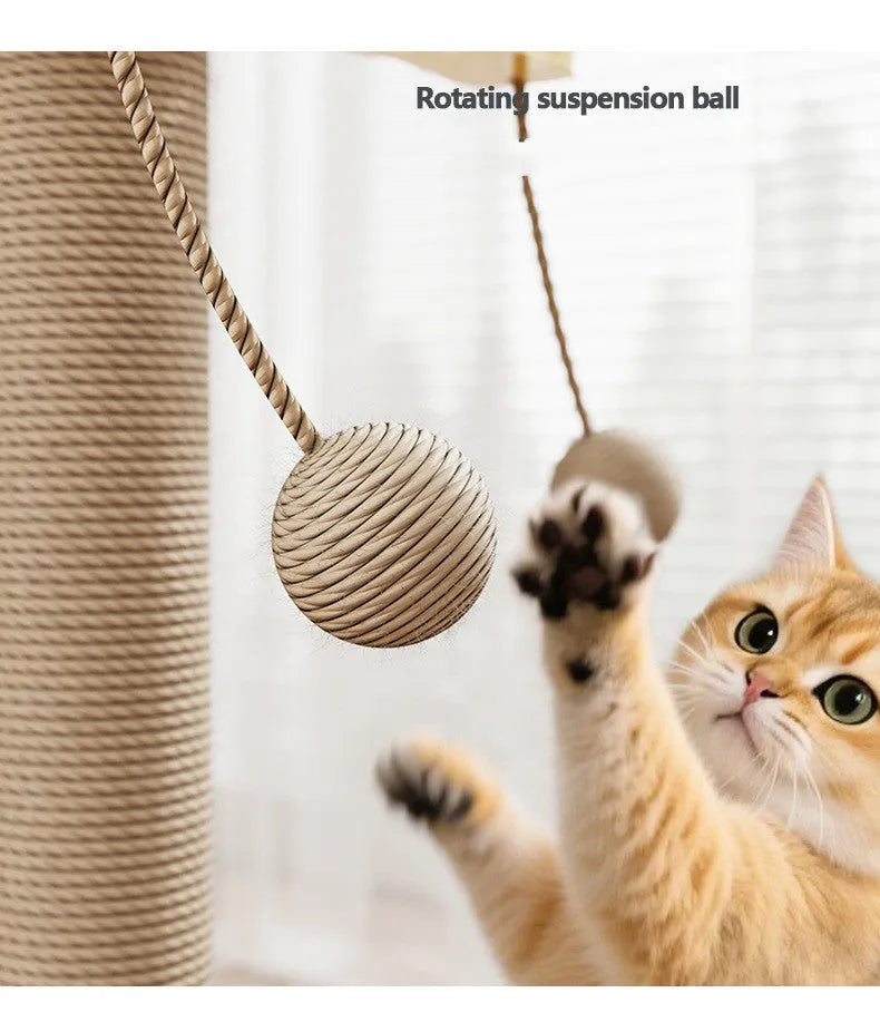 Windmill-coloured cat climbing frame with a hanging ball toy, made from pine wood and carpet leather.