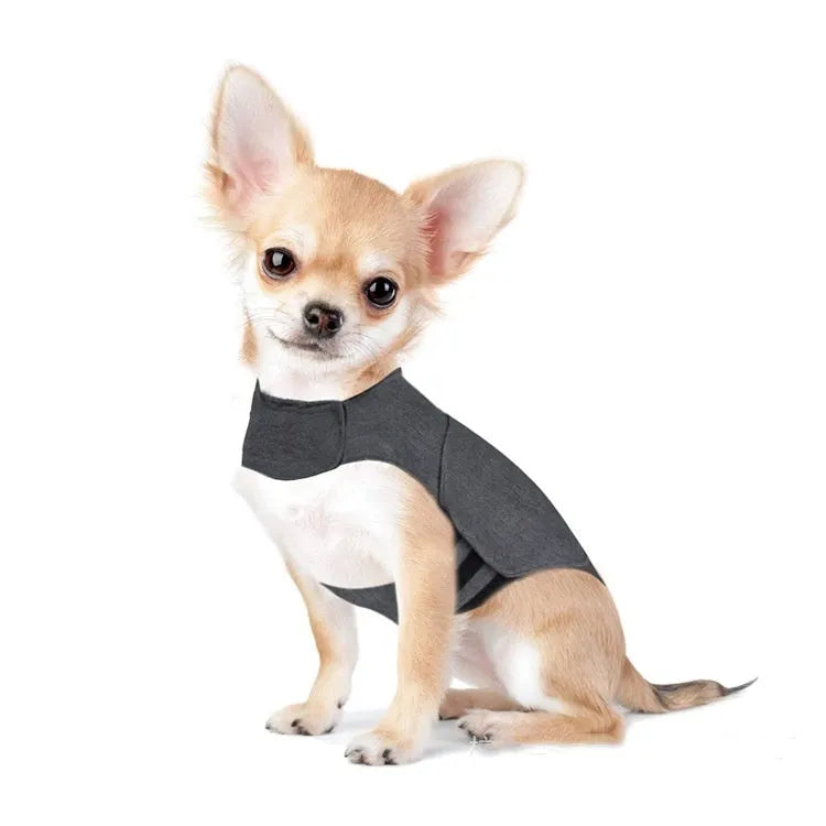 Heather Grey dog anxiety vest made from brocade cotton ponte-de-roma fabric on a medium-sized dog.