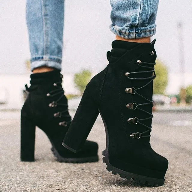 Women's suede thick-heel knee-high boots in army green with rivet details and a round toe.