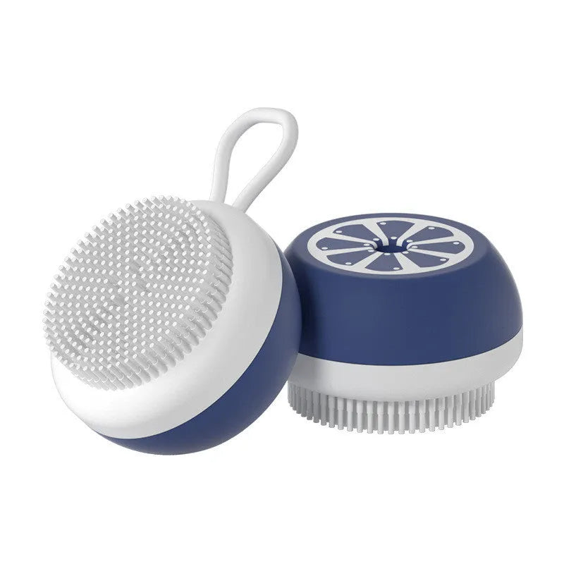 Yellow silicone pet bath brush with 3D massage head and combed hair attachment for dog and cat grooming