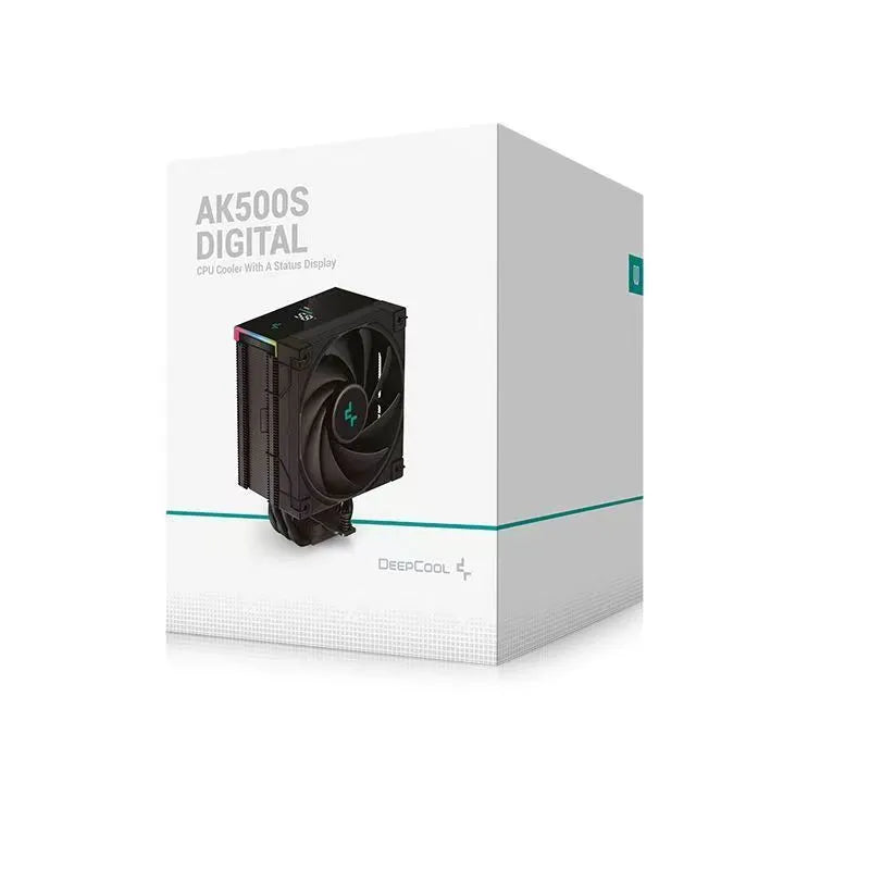 DeepCool twin tower CPU air cooler with digital temperature display on front, black and white colour options.