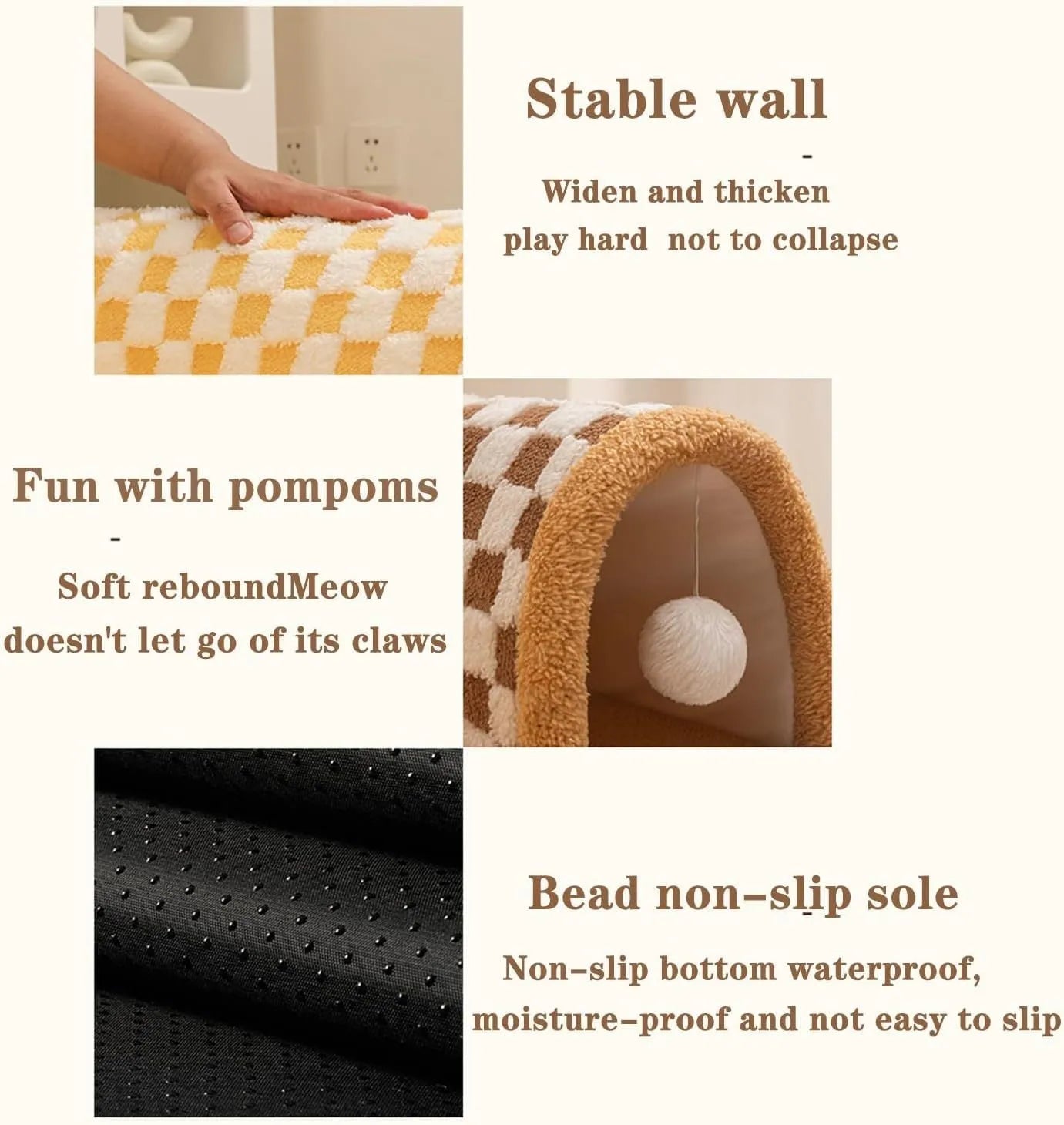 Brown plaid collapsible cat tunnel bed with central mat and zipper for indoor cats.