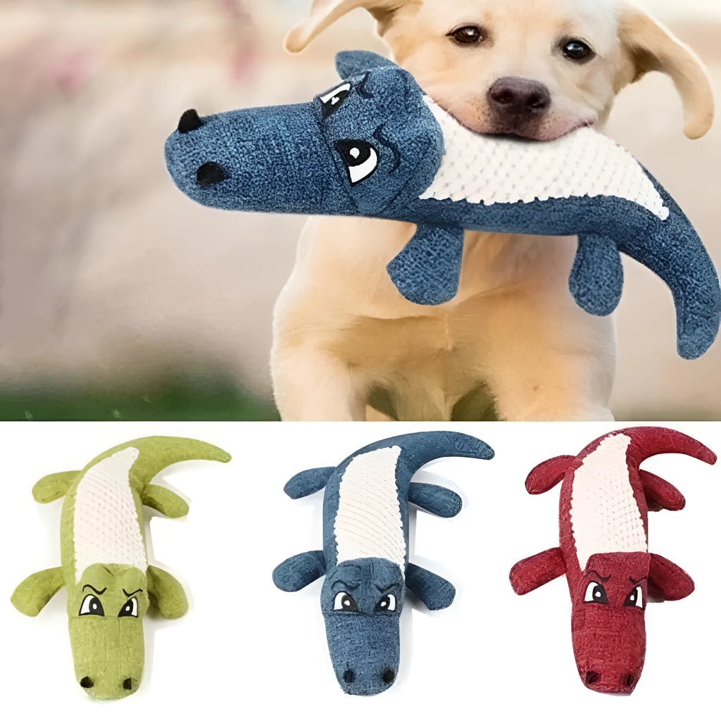 Plush corn-shaped pet toy with squeaker in blue, green, or red for chewing and grinding.