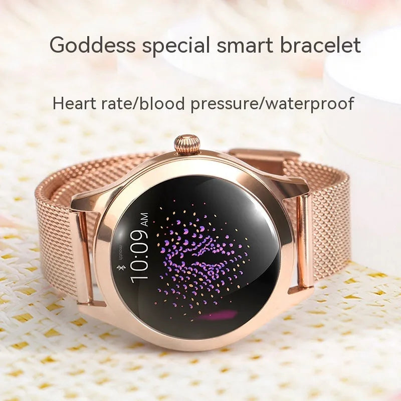 Women's multi-functional sports smartwatch in black, rose gold, silver, or white on a wrist.