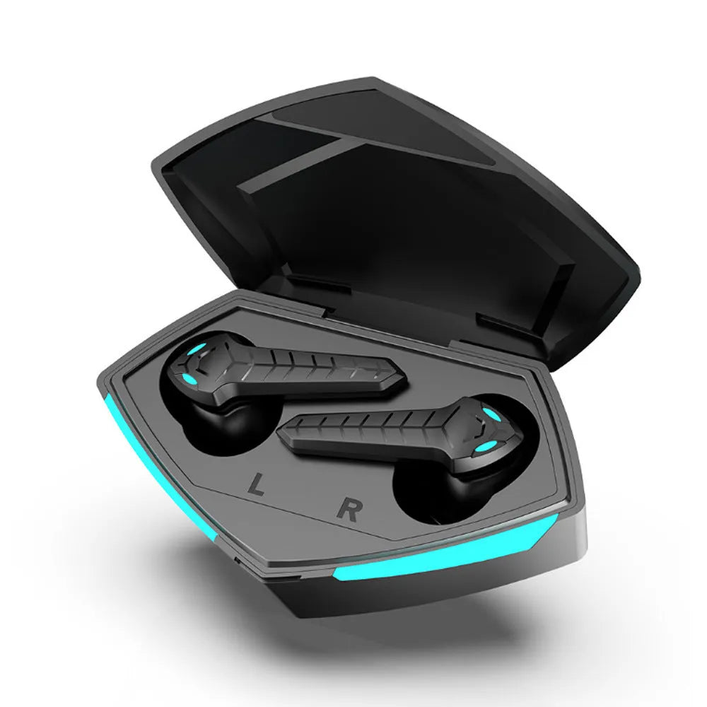 X15 black wireless in-ear Bluetooth gaming headphones with charging case on a grey background.
