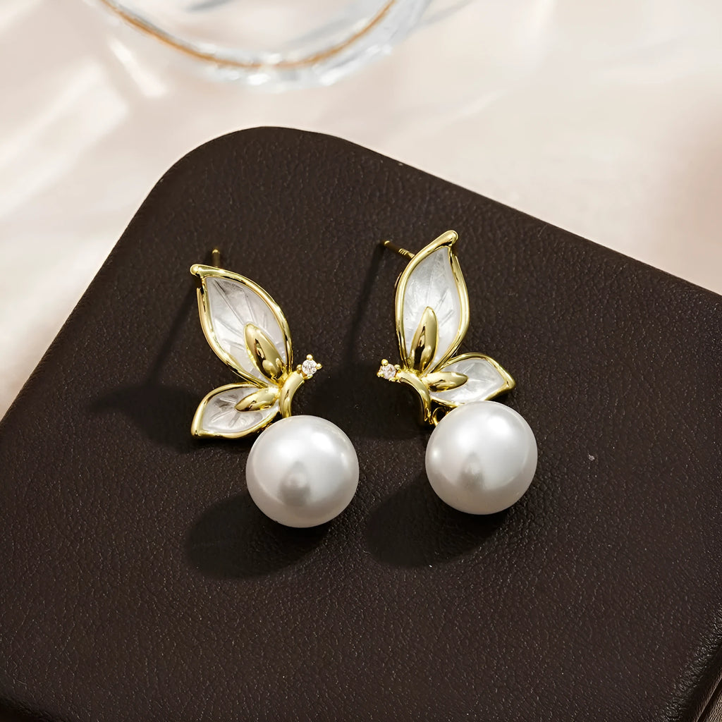 Women's butterfly earrings with zircon painting on copper, electroplated gold tone finish