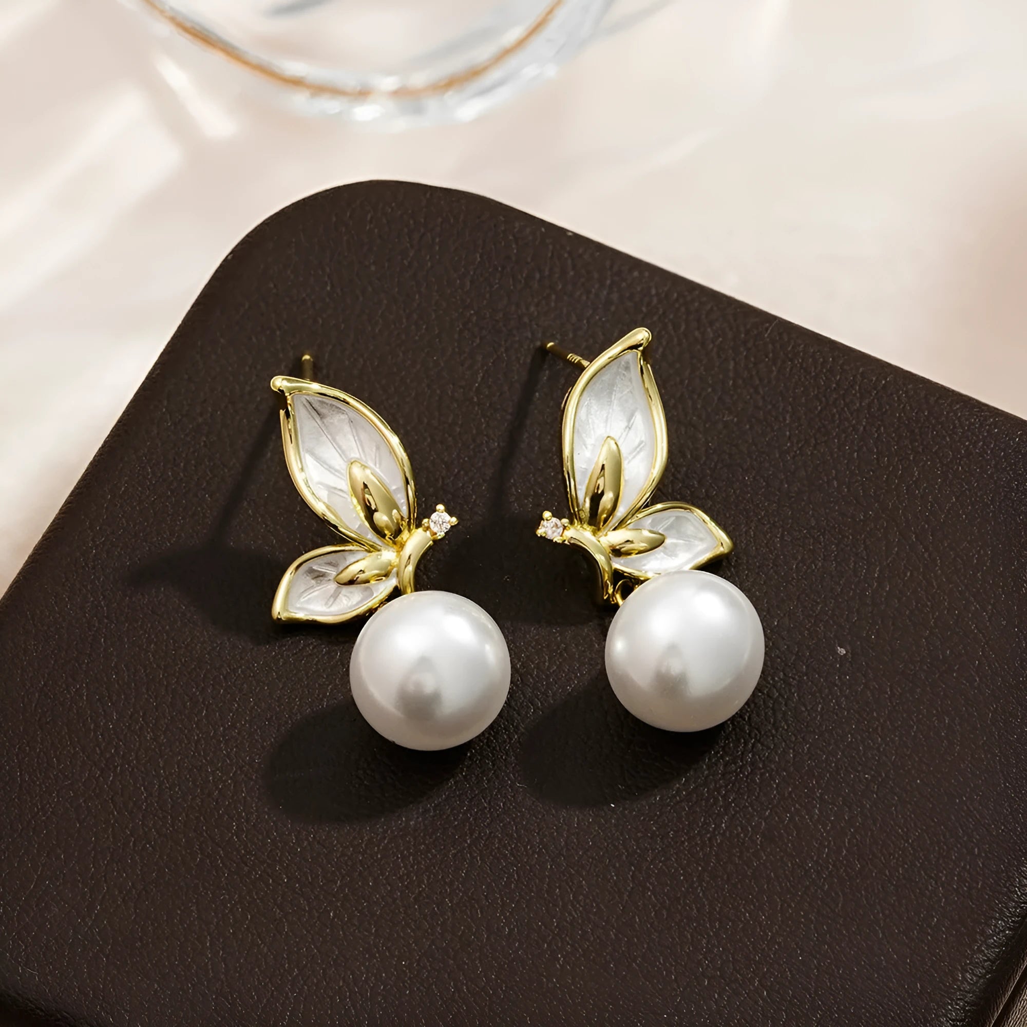 Women's butterfly earrings with zircon painting on copper, electroplated gold tone finish
