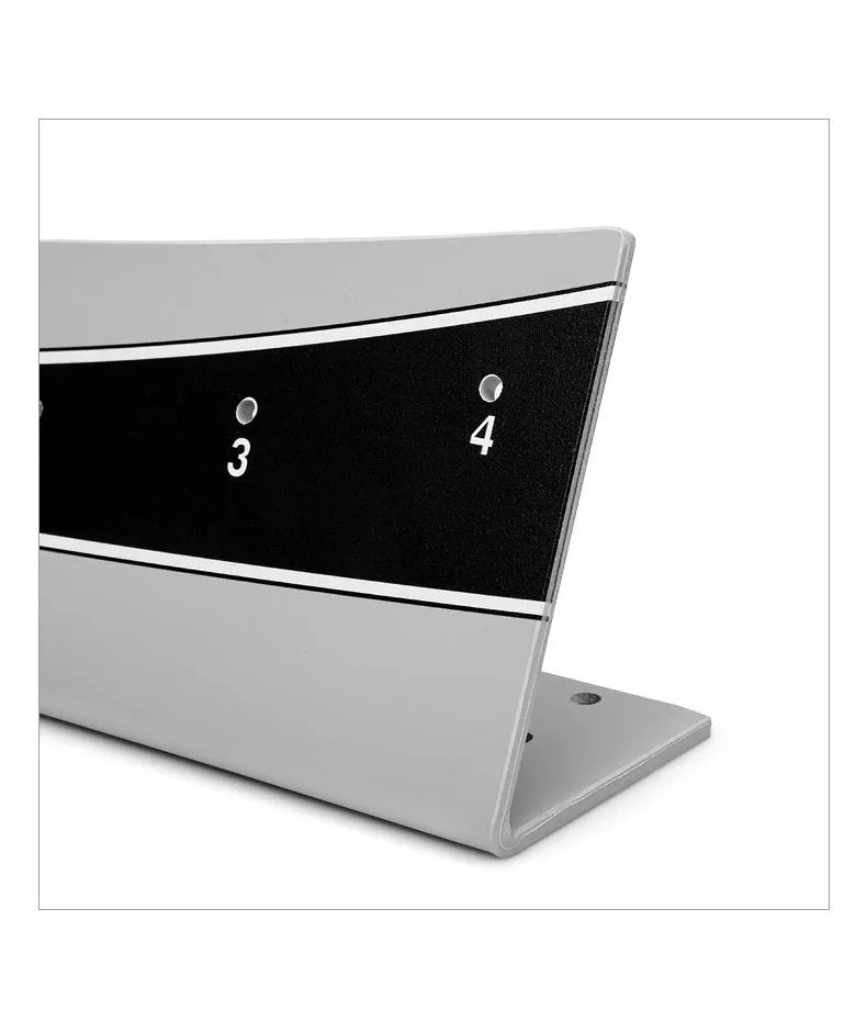 Golf putter trajectory balance simulator with adjustable push rod on a practice green.