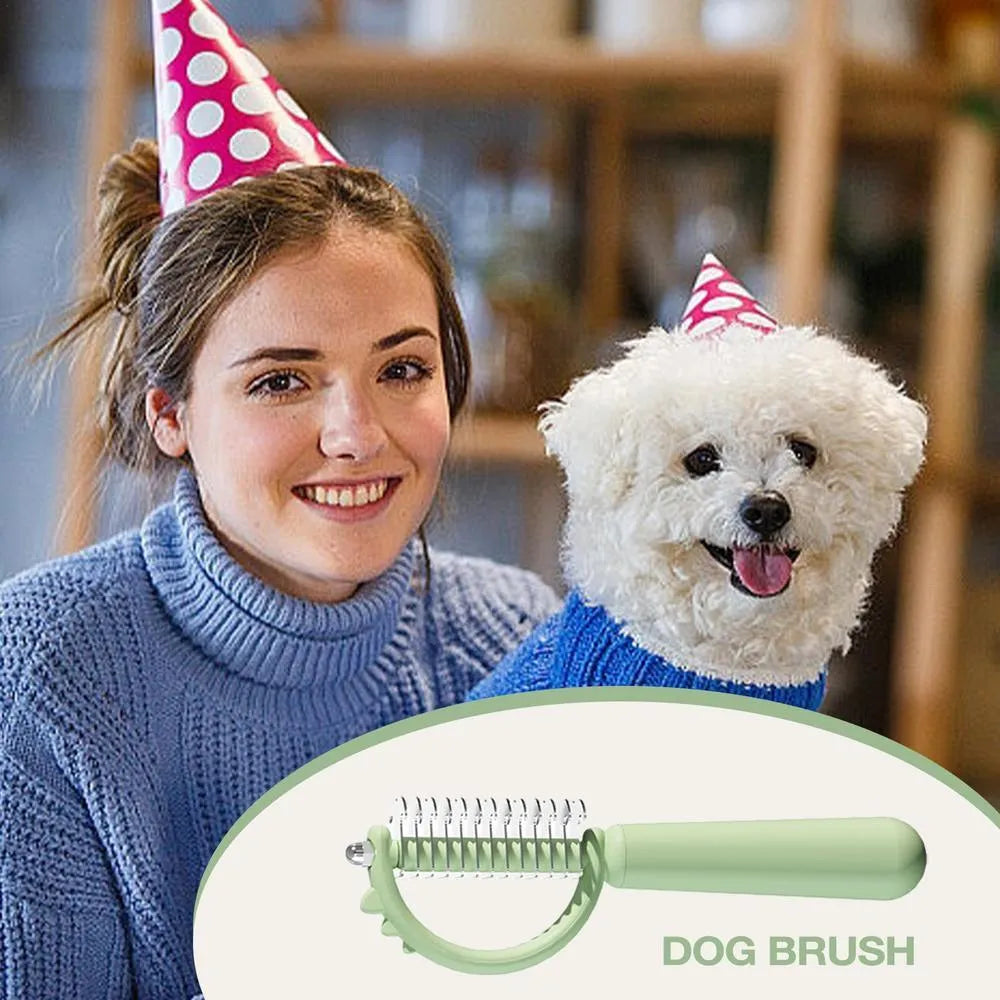 Dinosaur shaped cat brush with stainless steel bristles and self cleaning feature