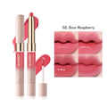 Double-headed lipstick case showing matte finish on one end and lip gloss on the other