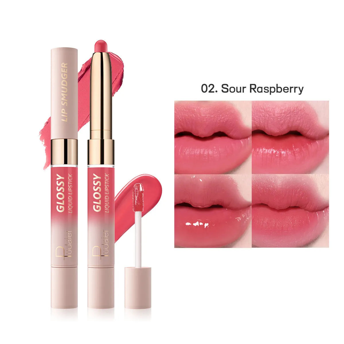 Double-headed lipstick case showing matte finish on one end and lip gloss on the other