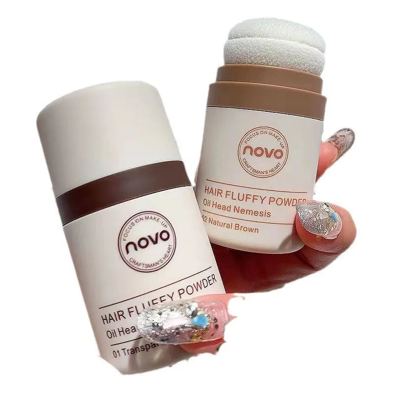 Compact of oil control face powder for bangs and hairline in natural, brown, or dark brown shades.