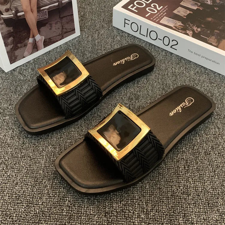 Women's flat summer slippers in apricot, black, or khaki with a lightweight PVC sole.