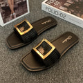 Women's flat summer slippers in apricot, black, or khaki with a lightweight PVC sole.
