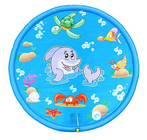 Blue PVC children's water spray mat with marine animal prints connected to garden hose