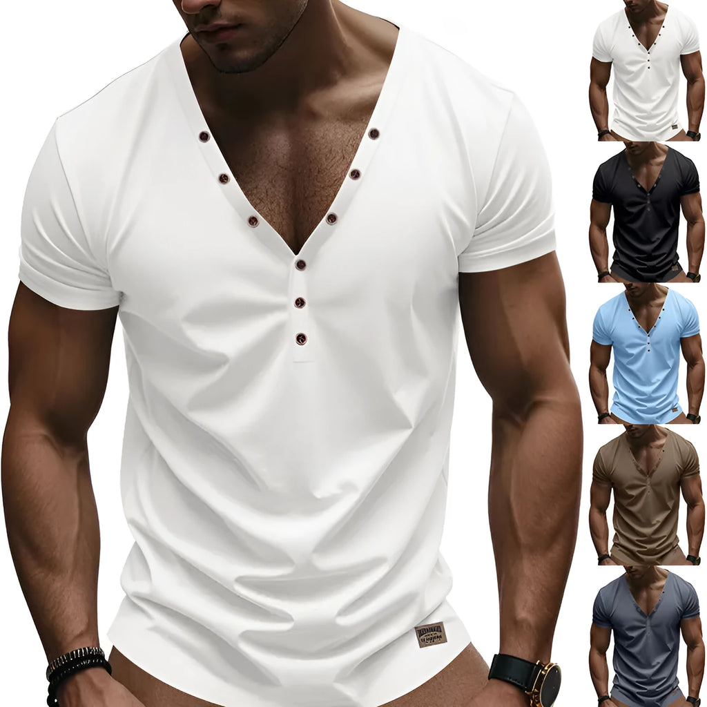 Men's loose-fit solid colour V-neck pullover with button detail on a hanger