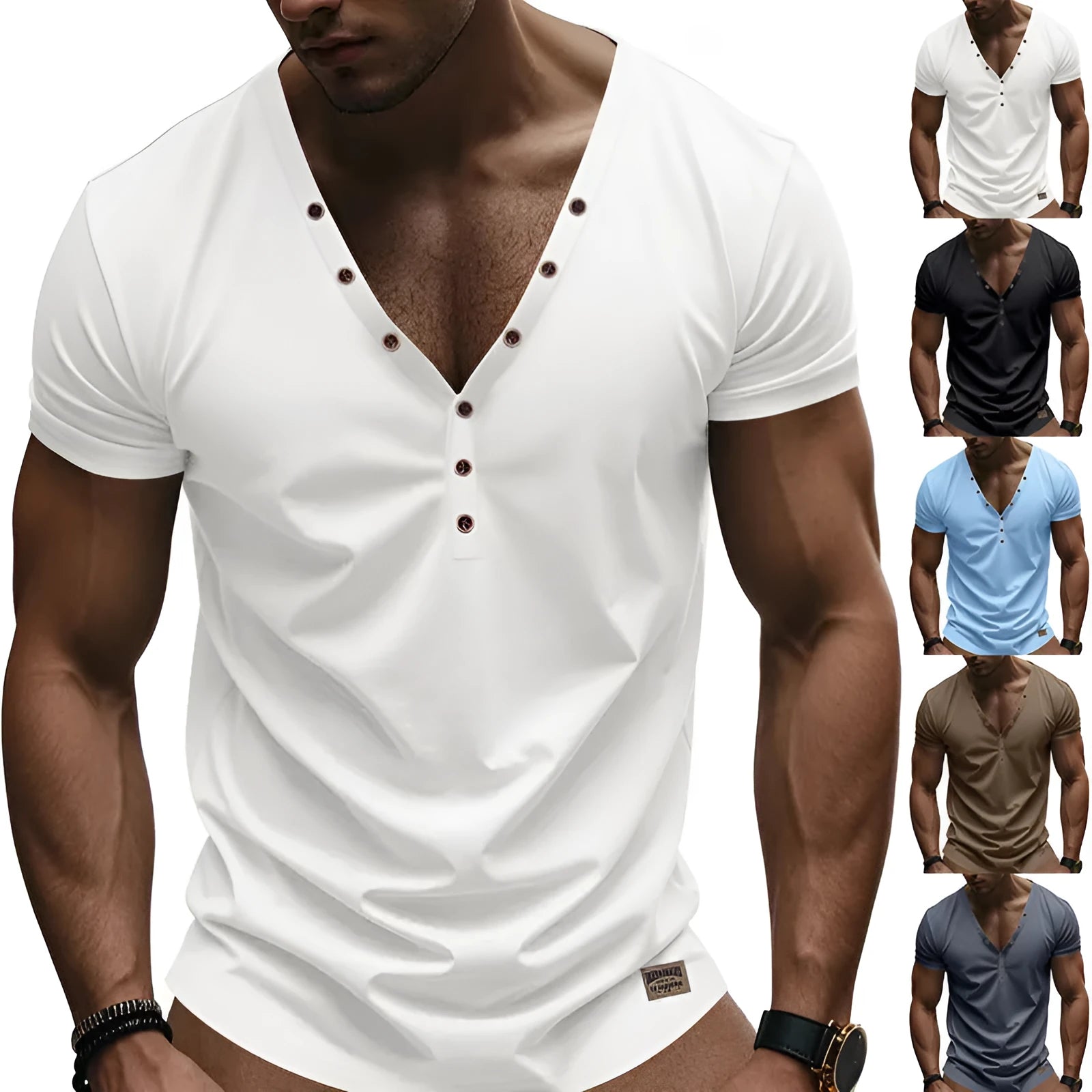 Men's loose-fit solid colour V-neck pullover with button detail on a hanger