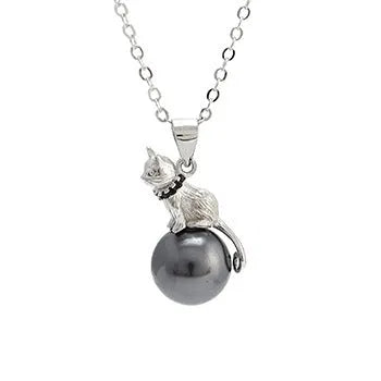 925 sterling silver cat pendant necklace with electroplated finish on model