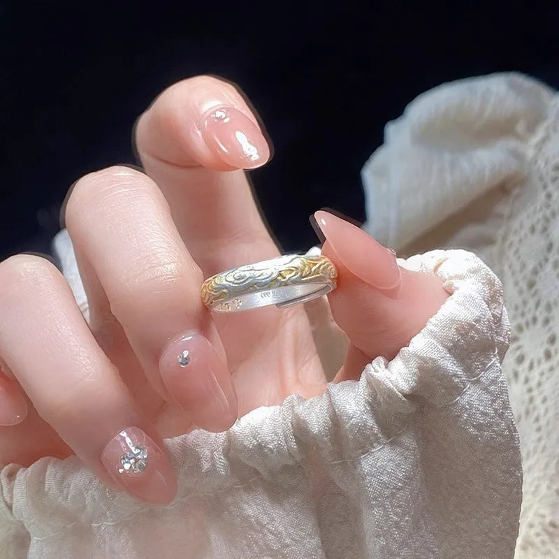 White copper open mouth adjustable ring with geometric fairy style and Xiangyun pattern design in electroplated silver or gold finish