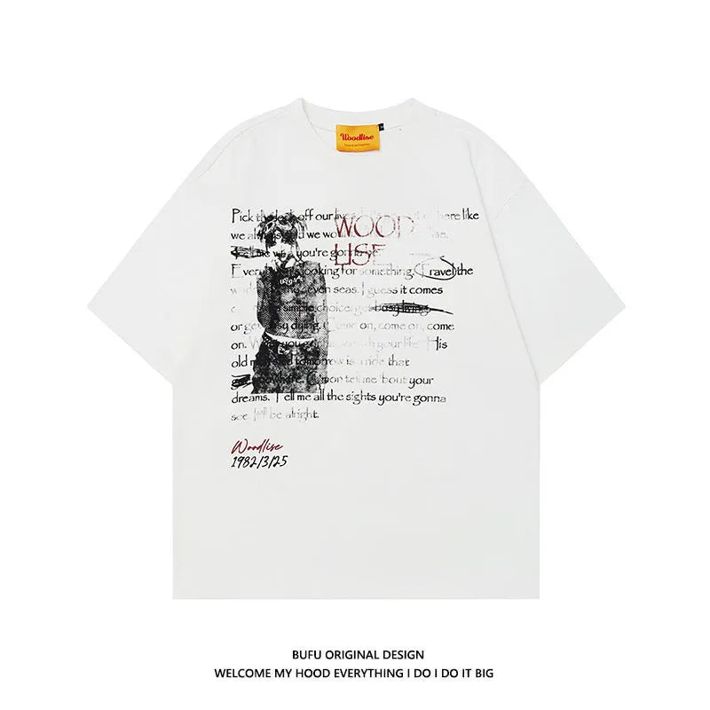 Men's black loose retro t-shirt with white letter print and short raglan sleeves.