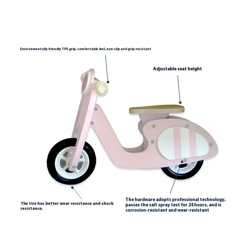 Pink wooden balance scooter for toddlers with 10-inch wooden platform