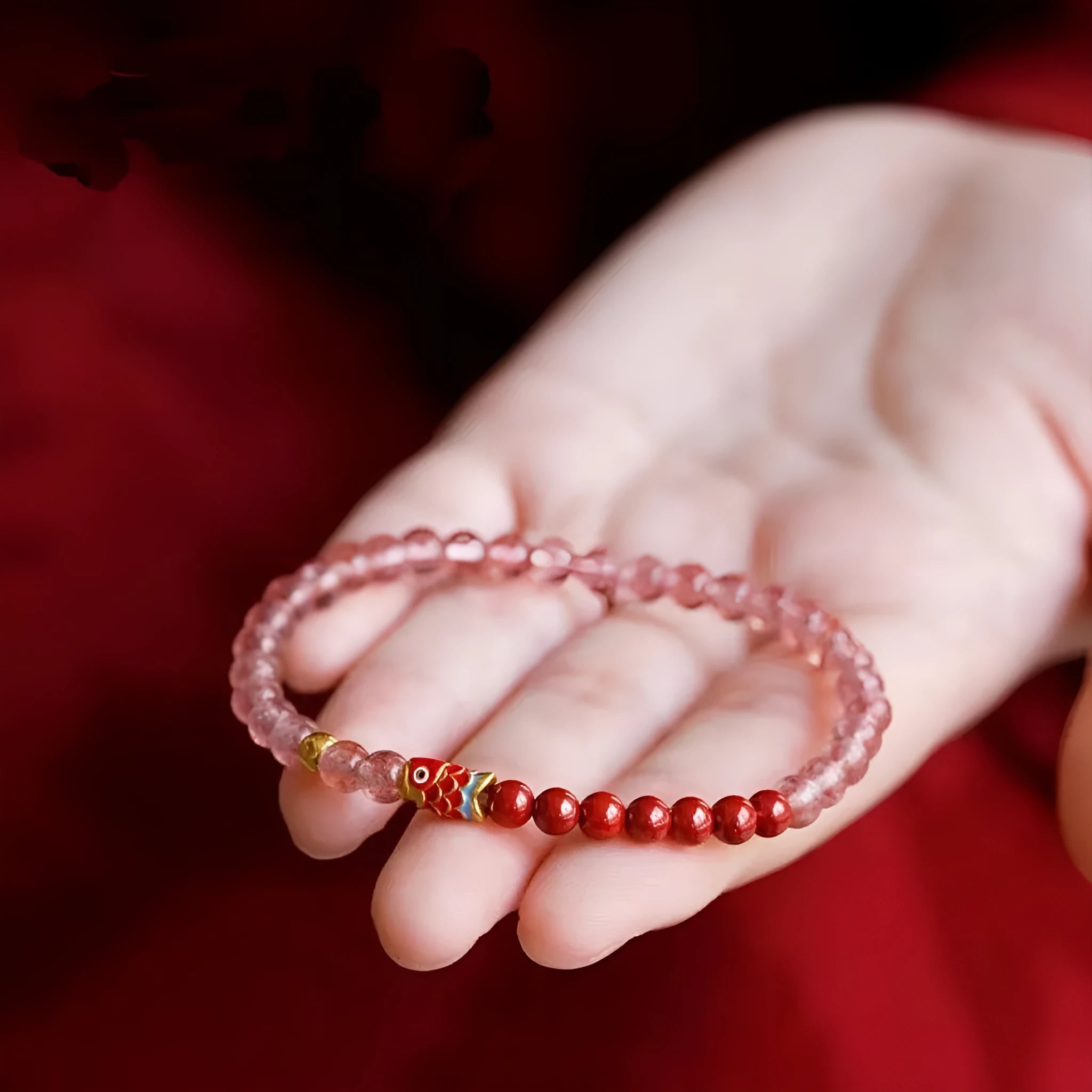 Purple cinnabar and strawberry quartz beaded bracelet with lucky beads peach blossom pattern for women