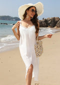 White crocheted beach dress with hollow weaving and bottom slit for women's swimming and seaside wear
