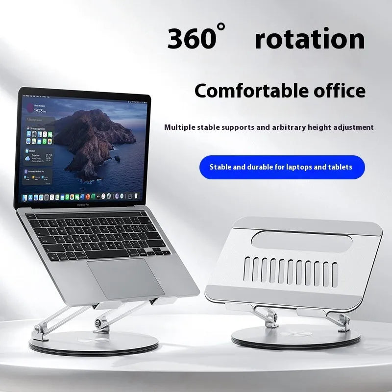 Silver aluminium laptop stand with adjustable height mechanism and rotatable screen positioning