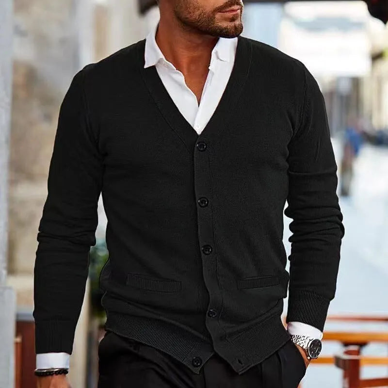 Men's slim fit acrylic cardigan sweater coat in wine red colour on a hanger