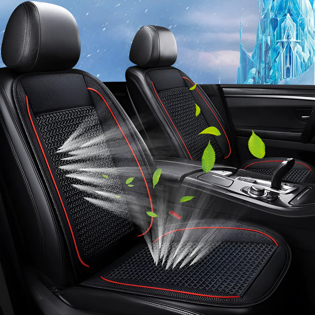 Car ventilation seat cushion in black colour showing 60x60cm dimensions with power connection