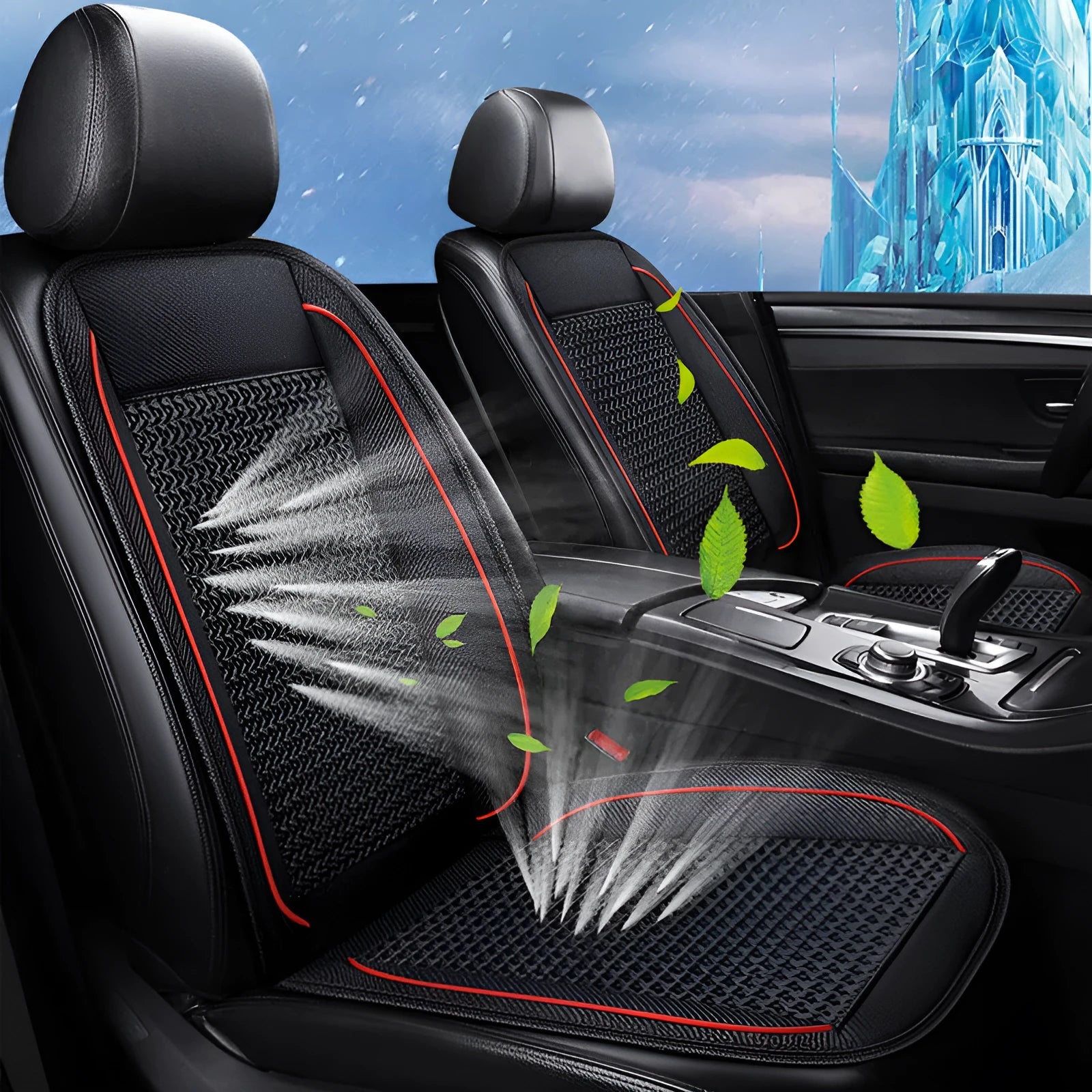 Car ventilation seat cushion in black colour showing 60x60cm dimensions with power connection