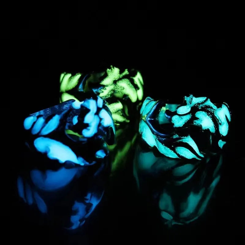 Chinese style luminous dragon pattern adjustable metal ring with antique silver blue and green electroplated finish
