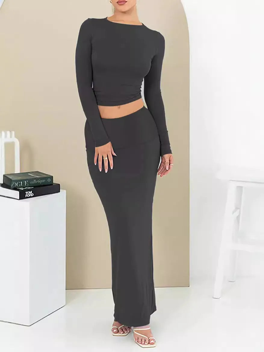 Women's autumn two-piece suit in slim fit sweet style with long skirt and three-quarter sleeve top