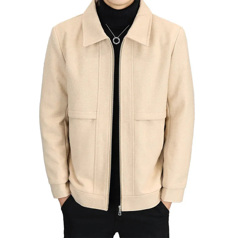 Men's khaki cotton blend polo collar jacket with side seam pockets
