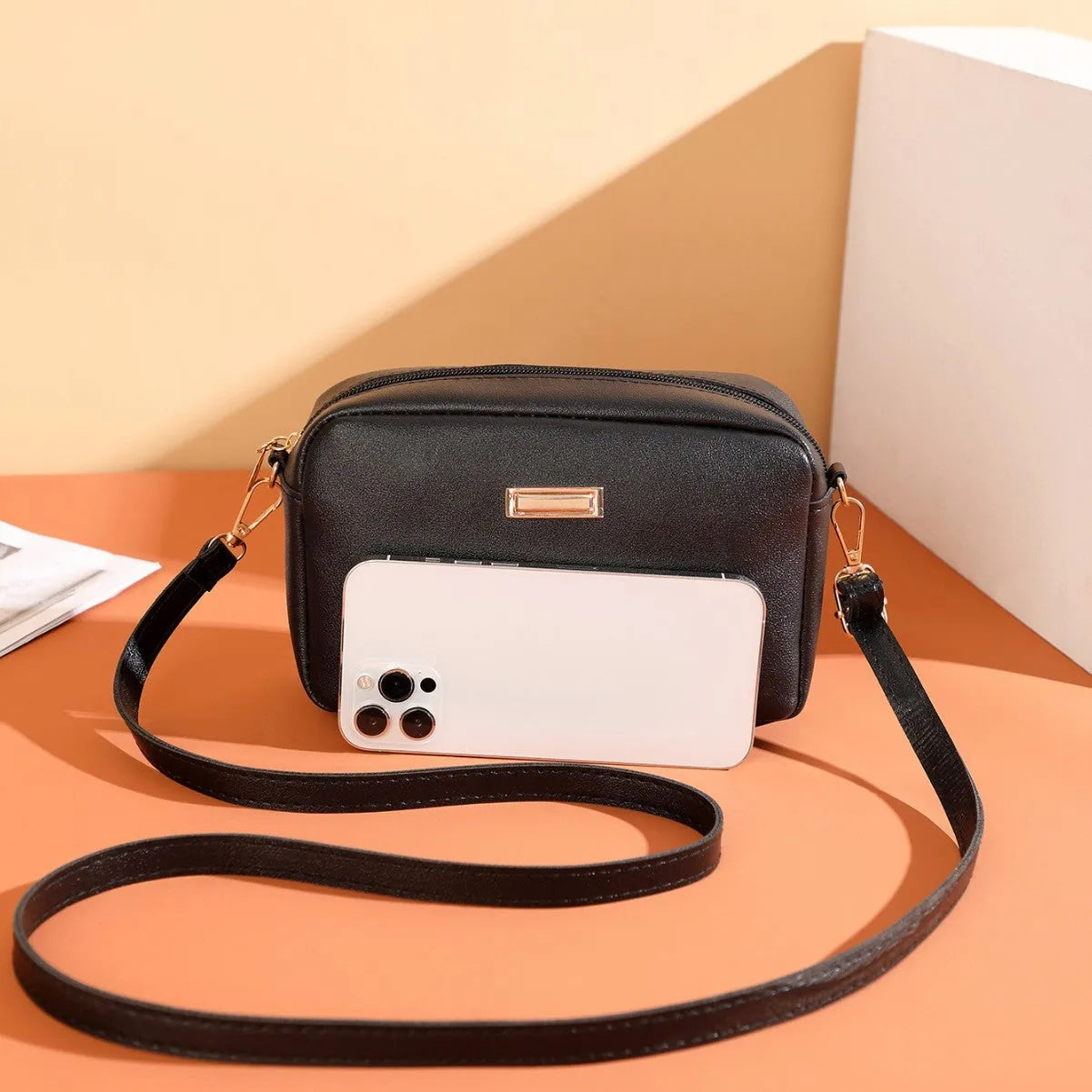 Solid colour ladies PU shoulder bag with horizontal square shape and three-dimensional pocket