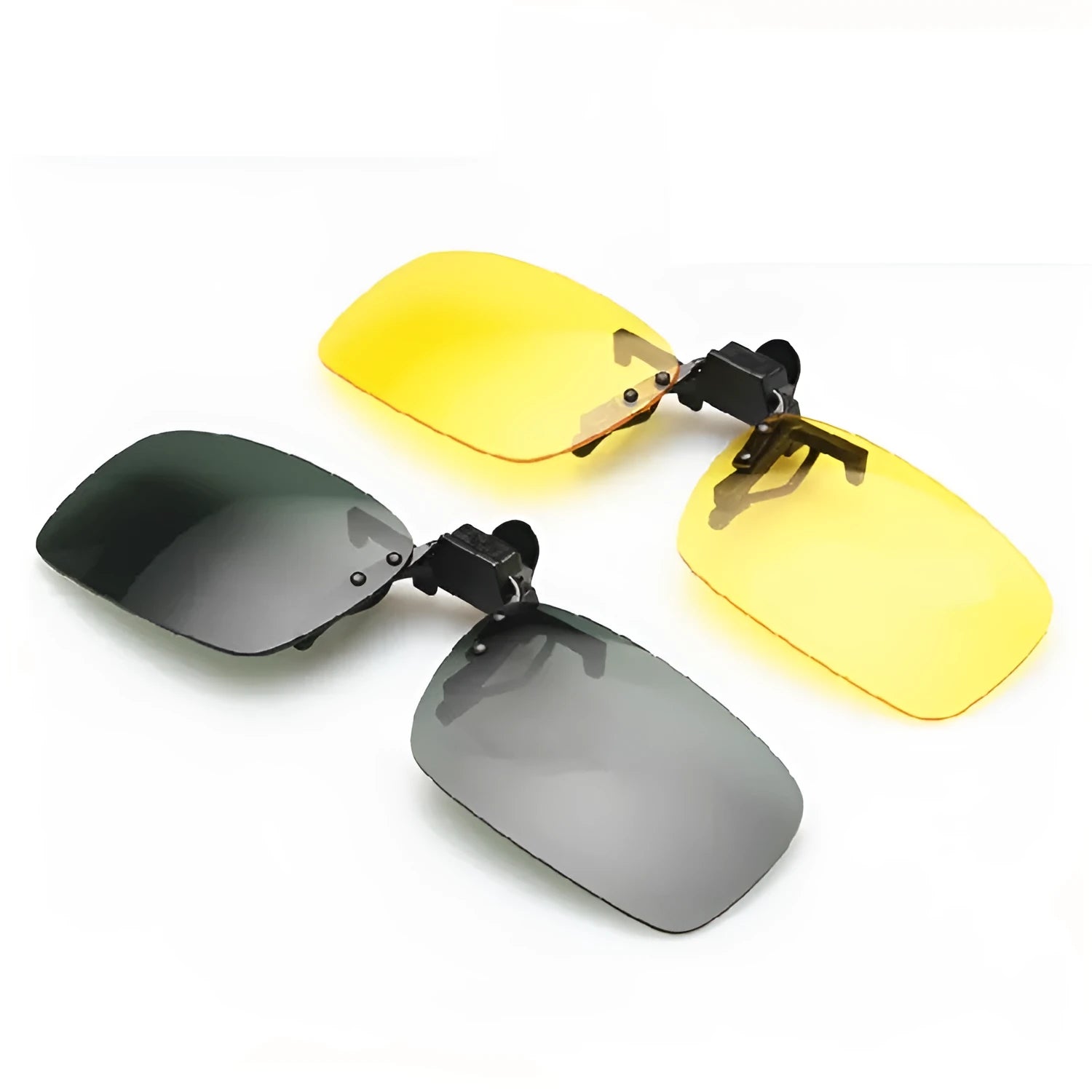 Plastic clip-on sunglasses attachment with interchangeable PC sheets for spectacle wearers.