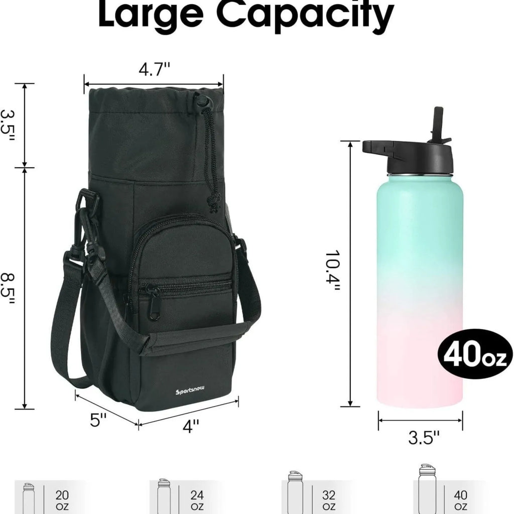 Cloth crossbody water bottle pouch shown in black, green, and pink colours with an adjustable strap.