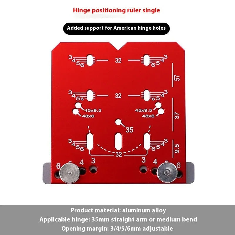 Red aluminium alloy hinge locating rule with adjustable margin settings for 35mm cabinet hinges