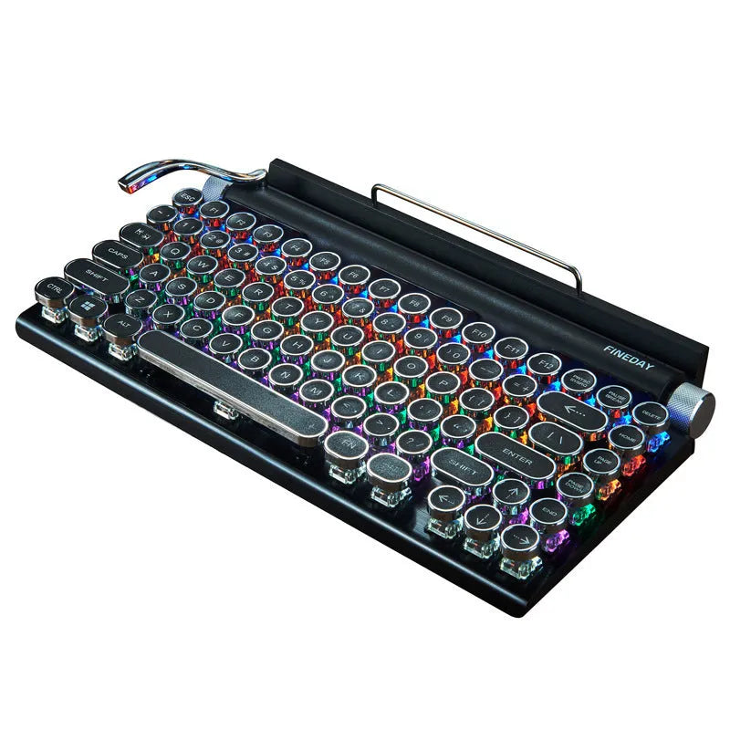 Black retro mechanical keyboard with 83 keys, metal body, and seven-colour backlight on a desk