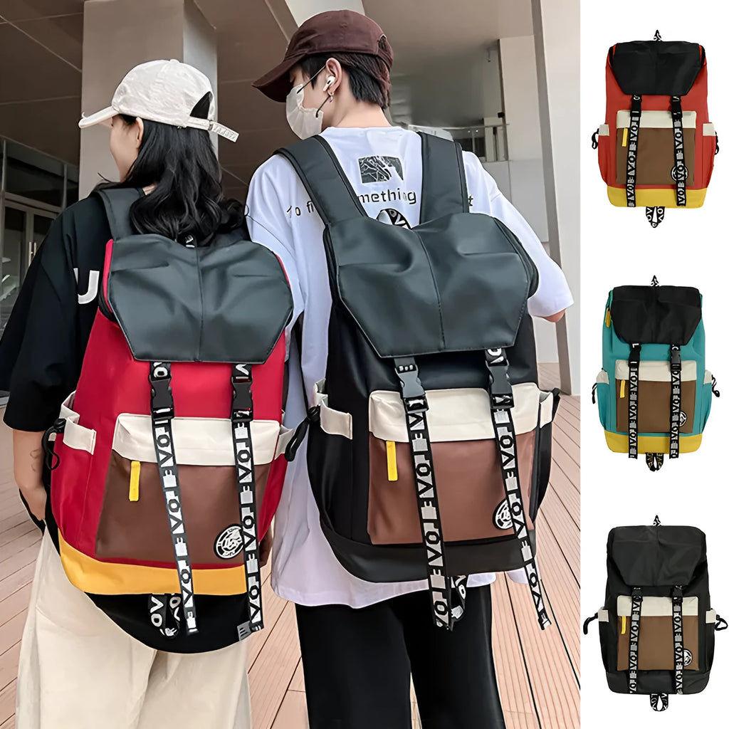 Oxford cloth backpack in black green or red colours showing dimensions and three carrying options