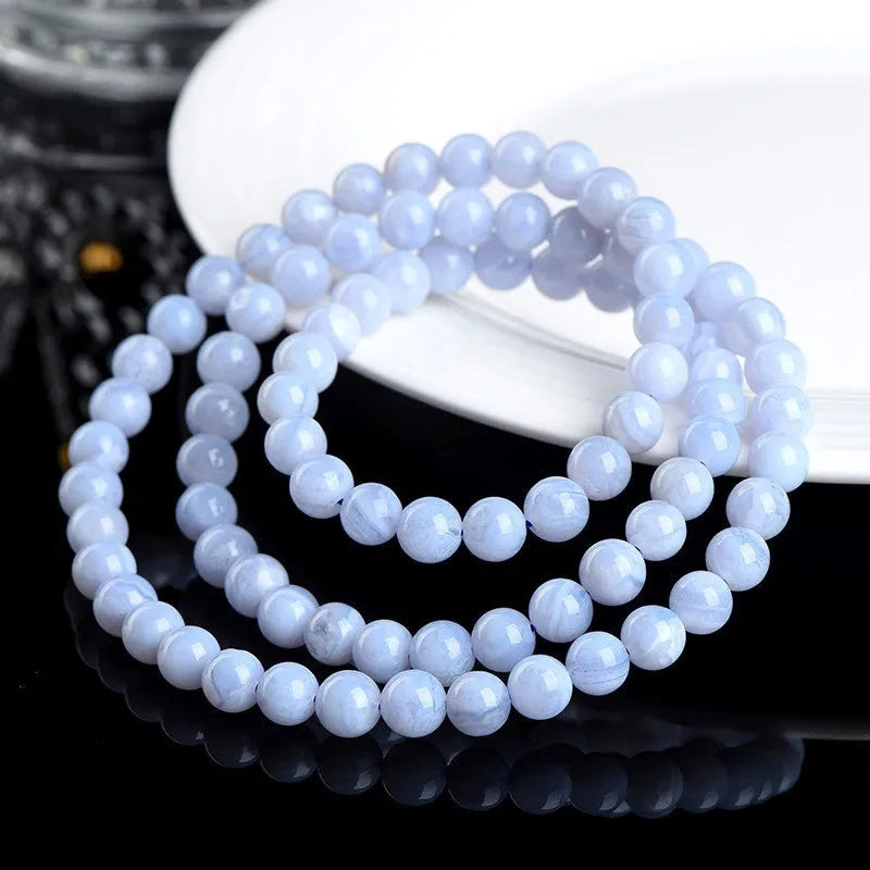 Blue agate bracelet with multi-circle pattern and scattered beads, natural stone jewellery