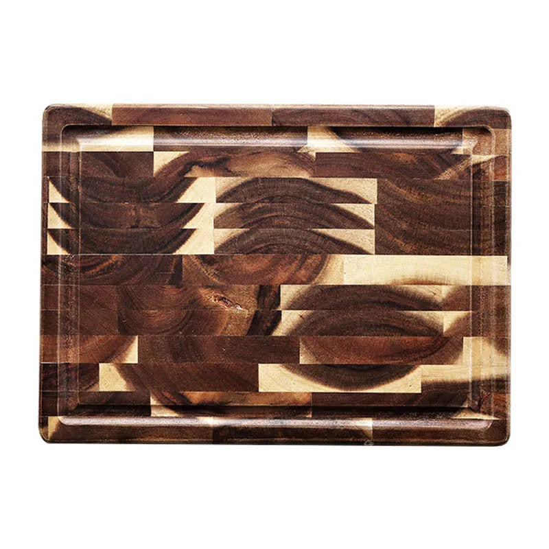Brown solid acacia wood chopping board with 3cm thickness on a kitchen countertop