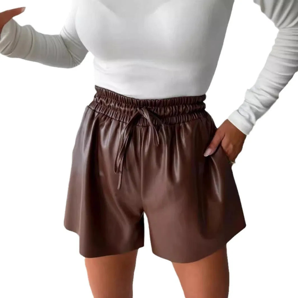 Women's black wide-leg casual shorts with a front lace-up detail on the waist.