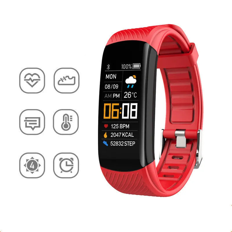 Black waterproof smart fitness tracker bracelet with 0.96-inch screen on a wrist