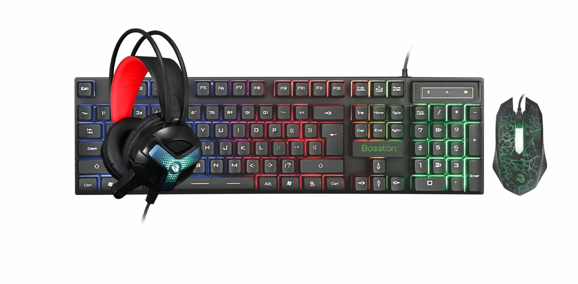 Thunder Wolf T800 wired USB gaming keyboard and mouse bundle set with headset and mouse mat on desk