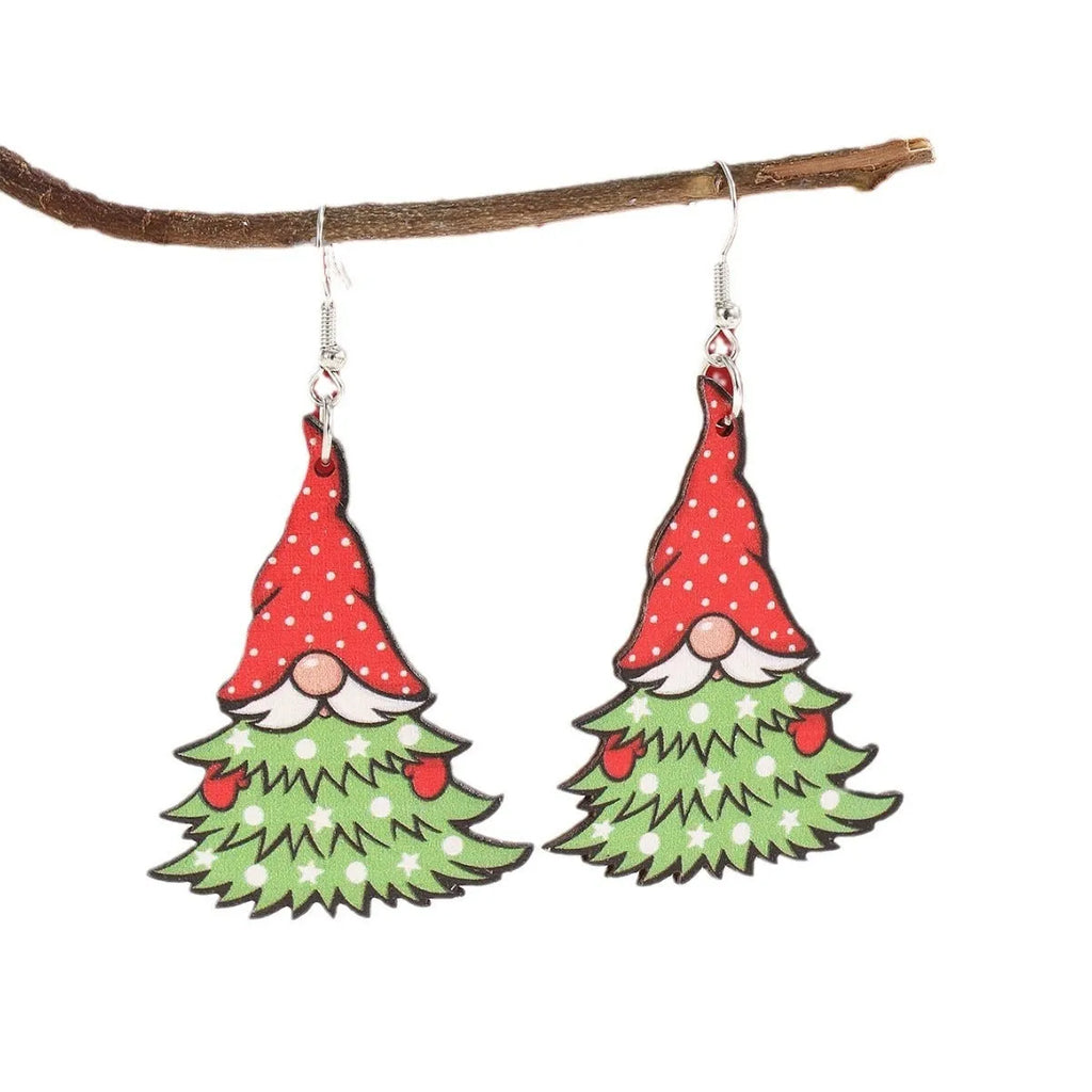 Women's wooden Christmas earrings with printed tree and snowman designs
