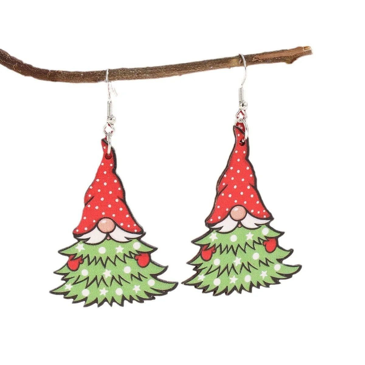 Women's wooden Christmas earrings with printed tree and snowman designs
