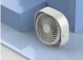USB desk fan with rotating head in blue, showing rotary switch and compact alarm clock style.