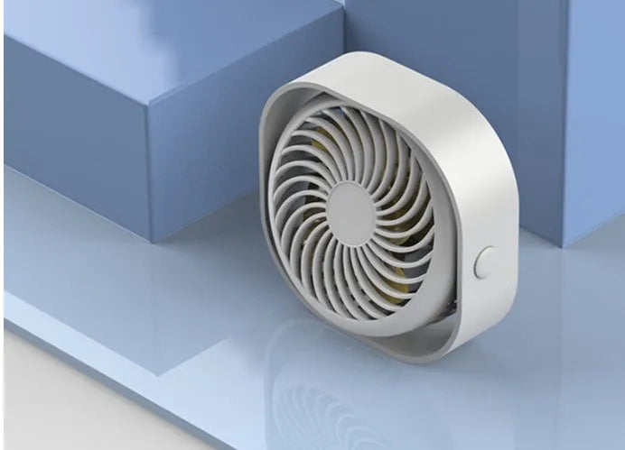 USB desk fan with rotating head in blue, showing rotary switch and compact alarm clock style.